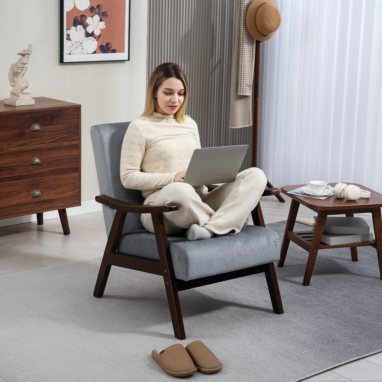 Faroro Velvet Grey Nordic Accent Armchair With Solid Wood Frame And Deep Padding