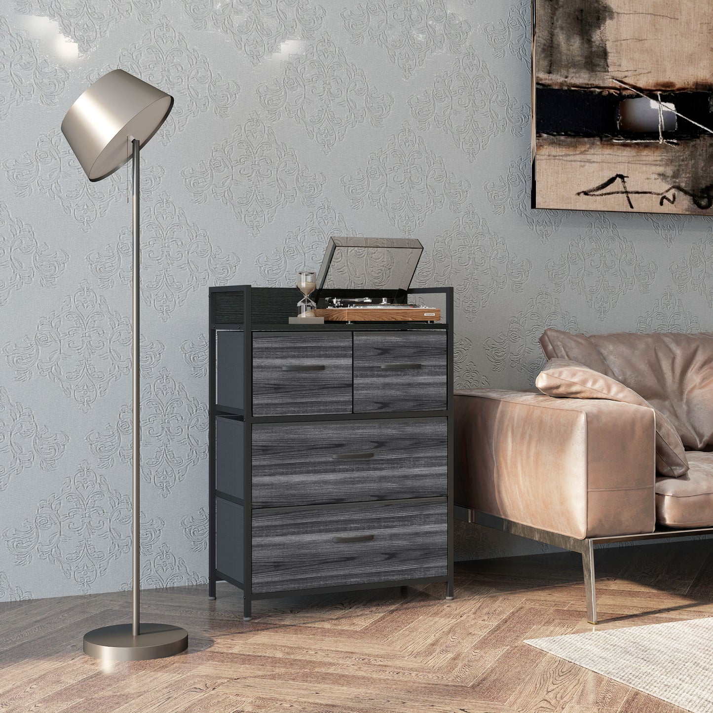 Kele Fabric And Wood Black 4 Drawer Rustic Storage Chest