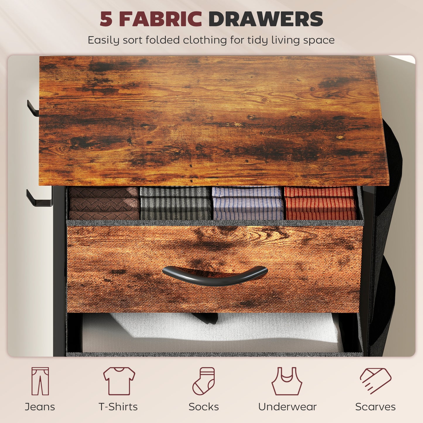 Kepa Fabric And Metal Rustic Brown 5 Drawer Storage Chest