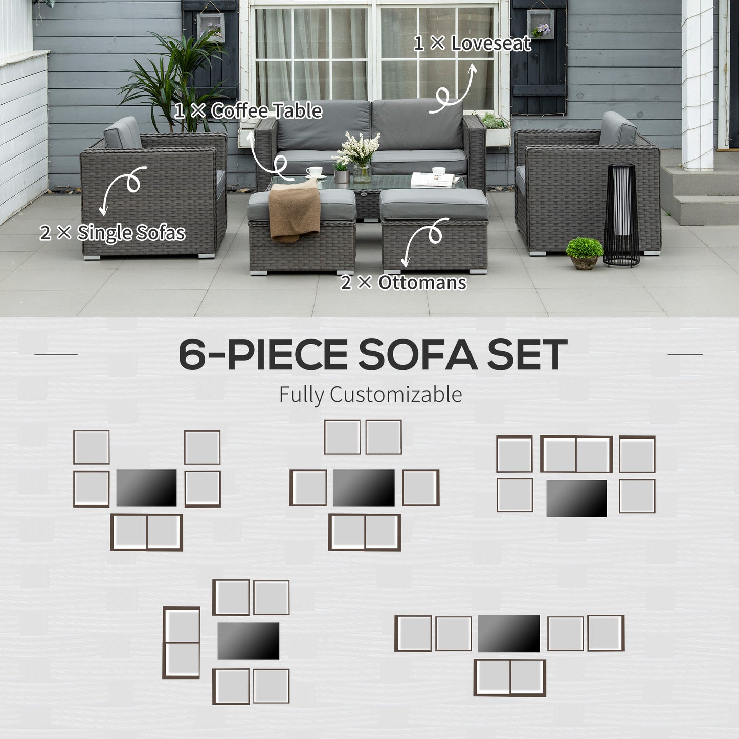 Reelne 6 Seater Rattan Grey Outdoor Sofa Set With Aluminium Frame Loveseat Stools And Table