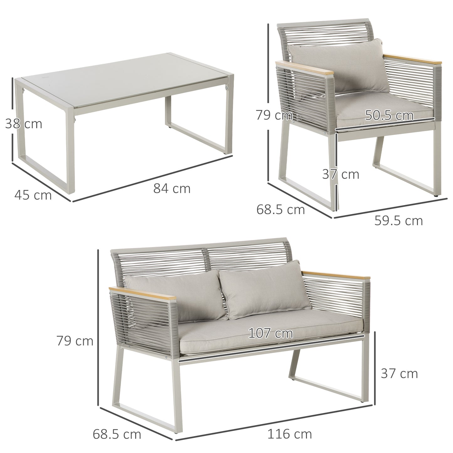 Rotoyo Kaha Grey Rattan String 4 Seater Outdoor Furniture Set With Cushions