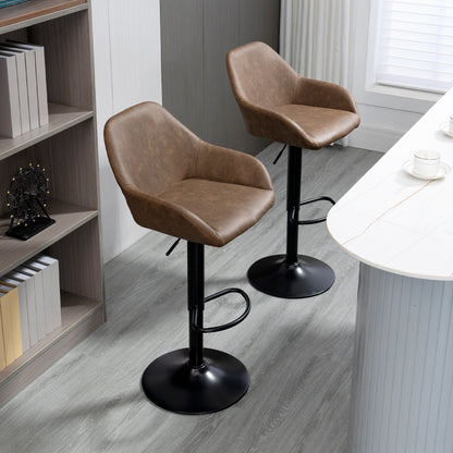 Fadota Set Of 2 Dark Brown Faux Leather Adjustable Bar Chairs With Armrests