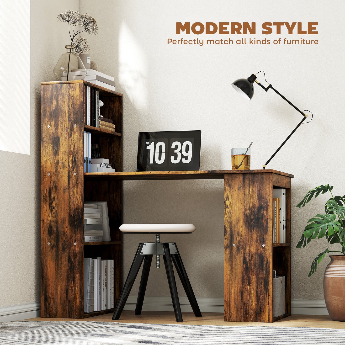 Nanono 120cm Wooden Rustic Brown 6 Tier Bookshelf Desk For Home Office