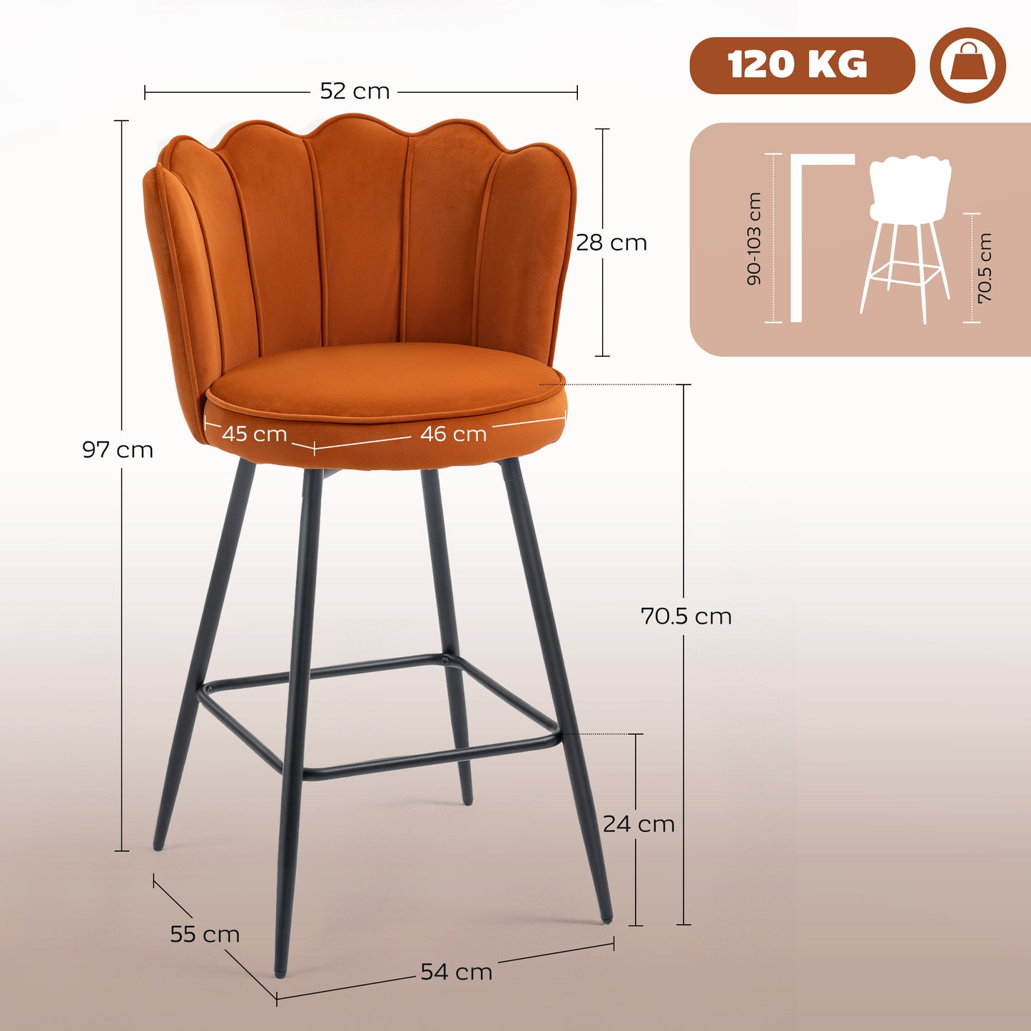 Nivi Set Of 2 Orange Velvet Upholstered Lotus Design Bar Stools