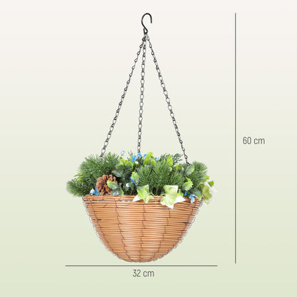 Kabane Set Of 2 Hanging Artificial Lisianthus Floral Baskets With Pinecone Detail Green
