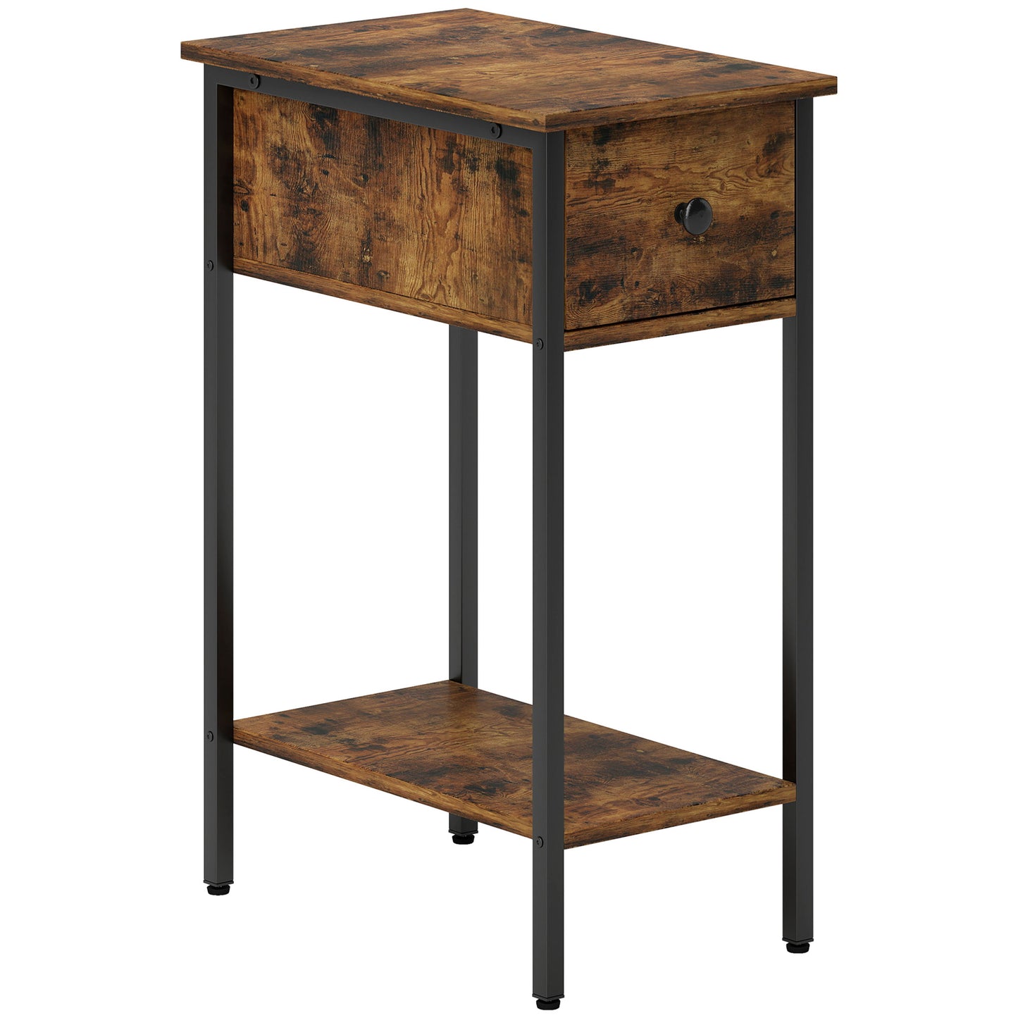 Matone Wooden Rustic Brown Narrow Side Table With Drawer And Lower Shelf