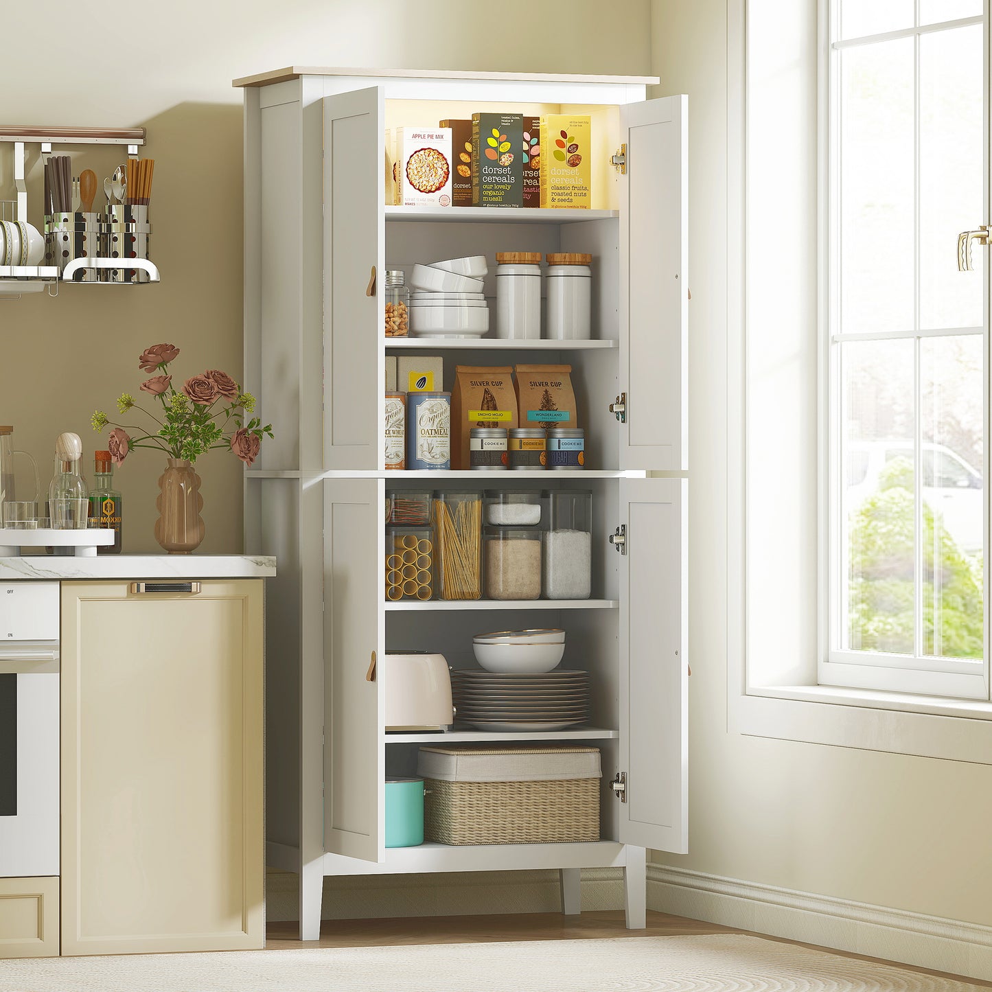 Kaha Wooden White Tall Pantry Cabinet With Motion Sensor LED Lighting 176.5 cm