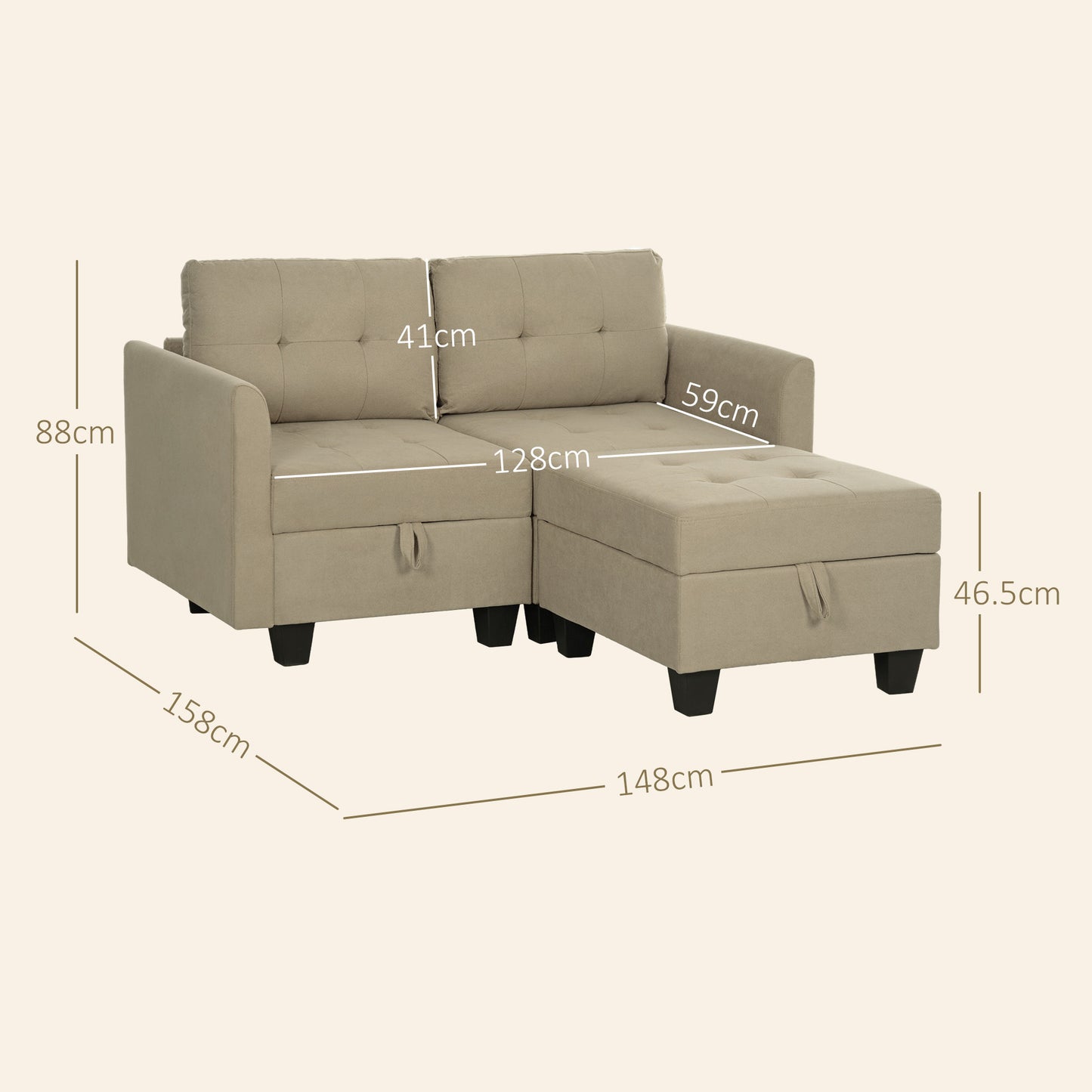 Yokata Light Brown Upholstered Modular L Shaped Sofa With Integrated Storage