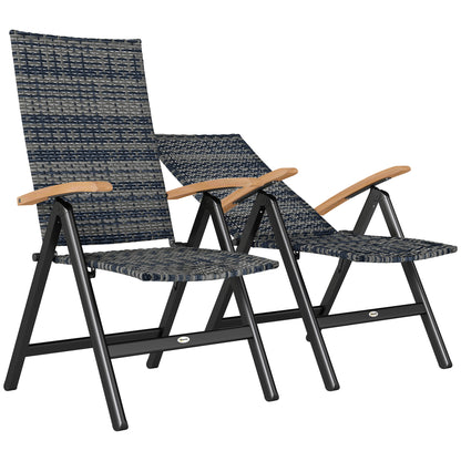Paripa Rattan Mixed Grey Folding Garden Dining Chairs Set Of 2 With Adjustable High Back And Wood Armrests