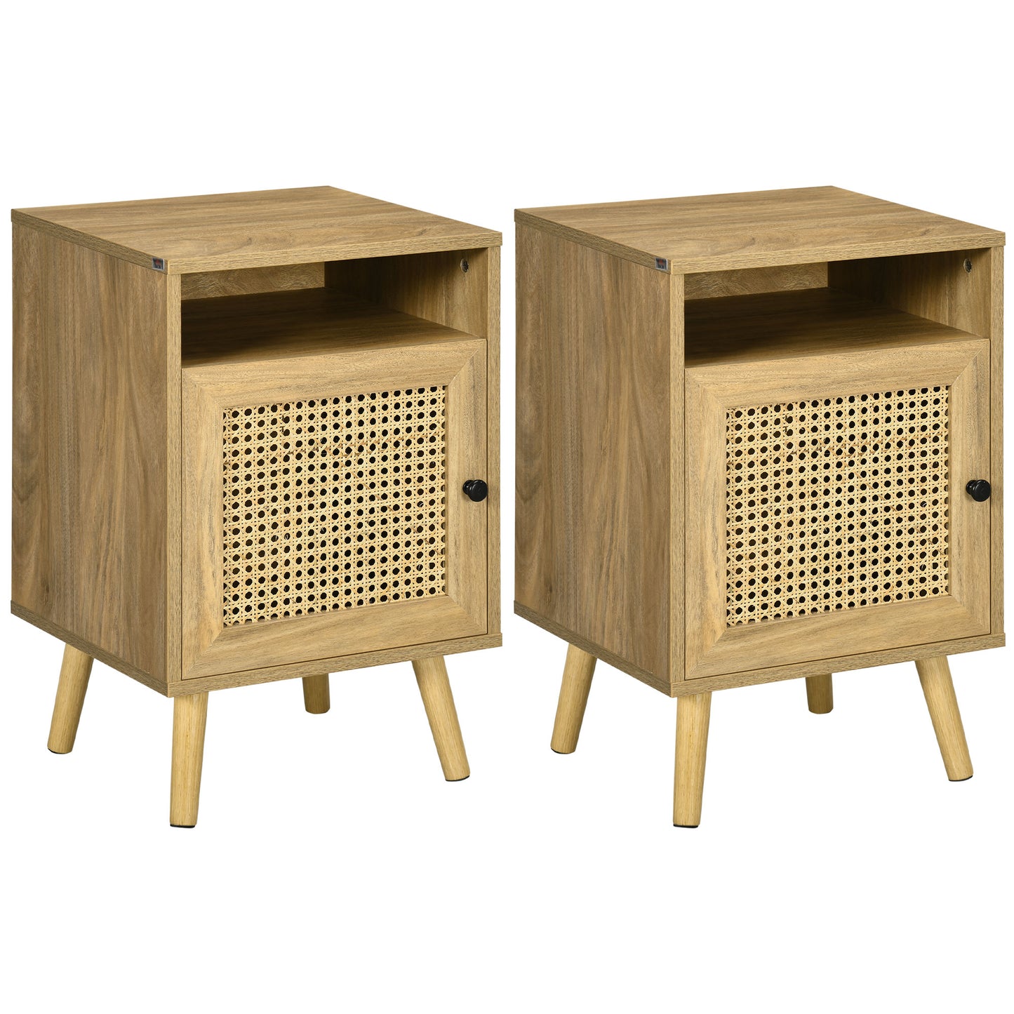 Fiha Set Of 2 Natural Wooden Bedside Tables With Rattan Door And Top Shelf