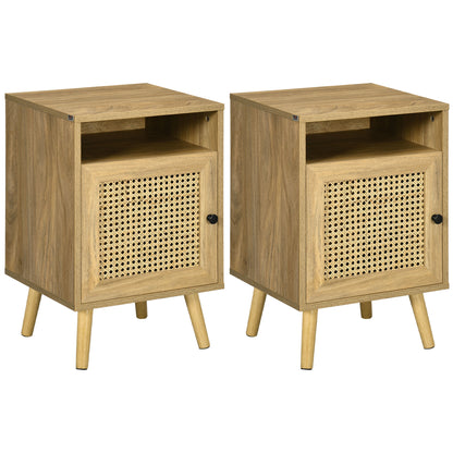 Fiha Set Of 2 Natural Wooden Bedside Tables With Rattan Door And Top Shelf