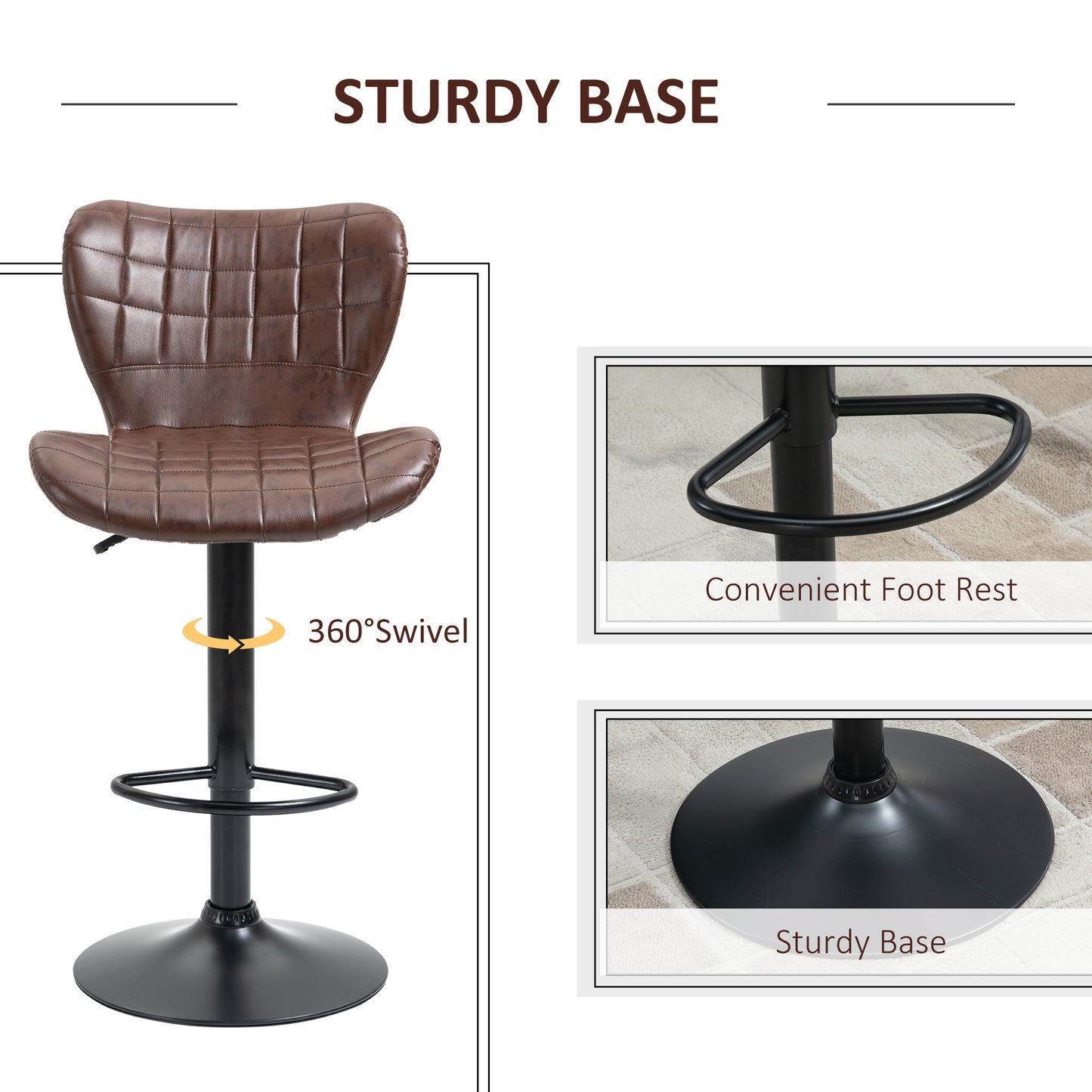 Setora Set Of 2 Faux Leather Brown Adjustable Bar Chairs With Backrest And Footrest
