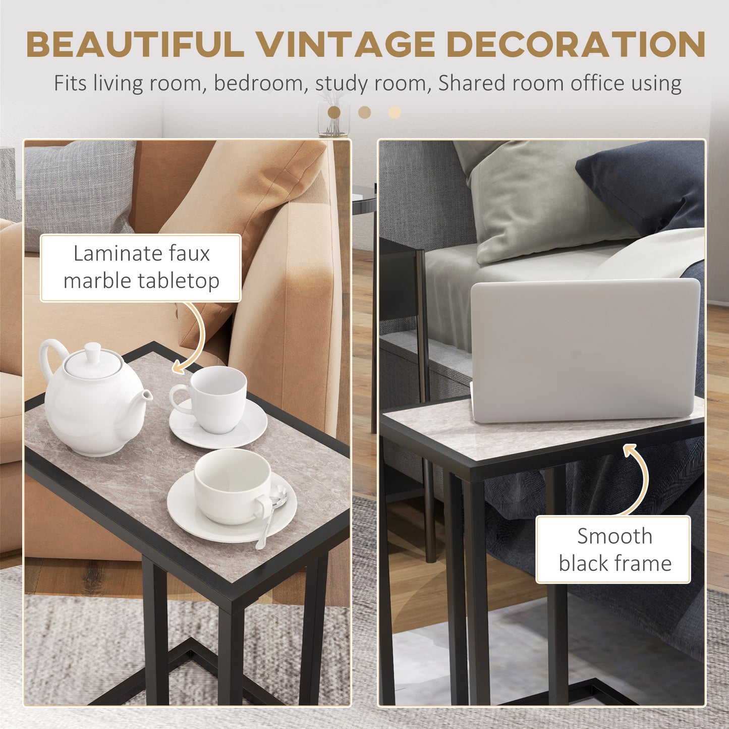 Nonili Metal And Wooden Grey Side Table With Marble Effect Top