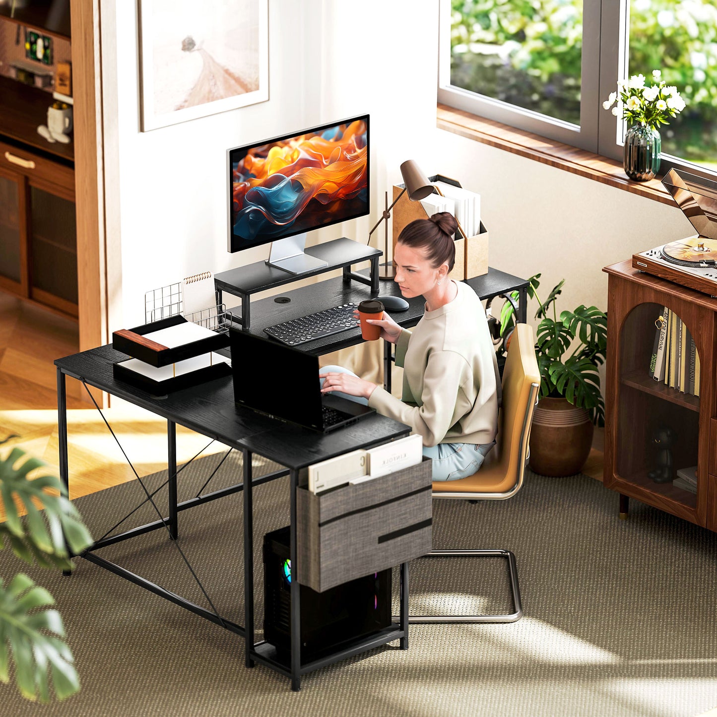 Kadoso 168cm Black Reversible Industrial L Shaped Desk With Adjustable Shelves And Monitor Stand