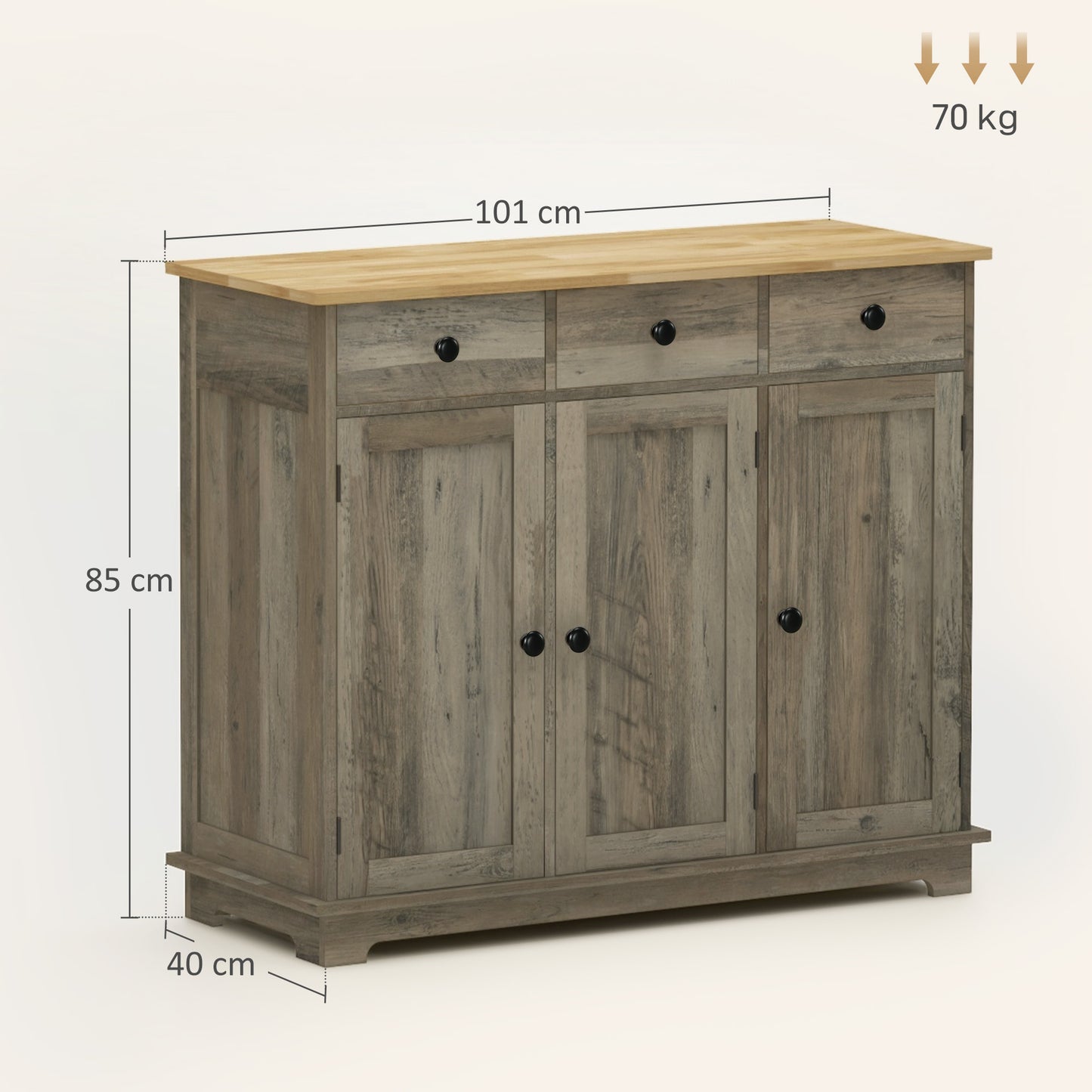 Lurafi Grey Wood Sideboard With Natural Top 3 Doors 3 Drawers 3 Shelves