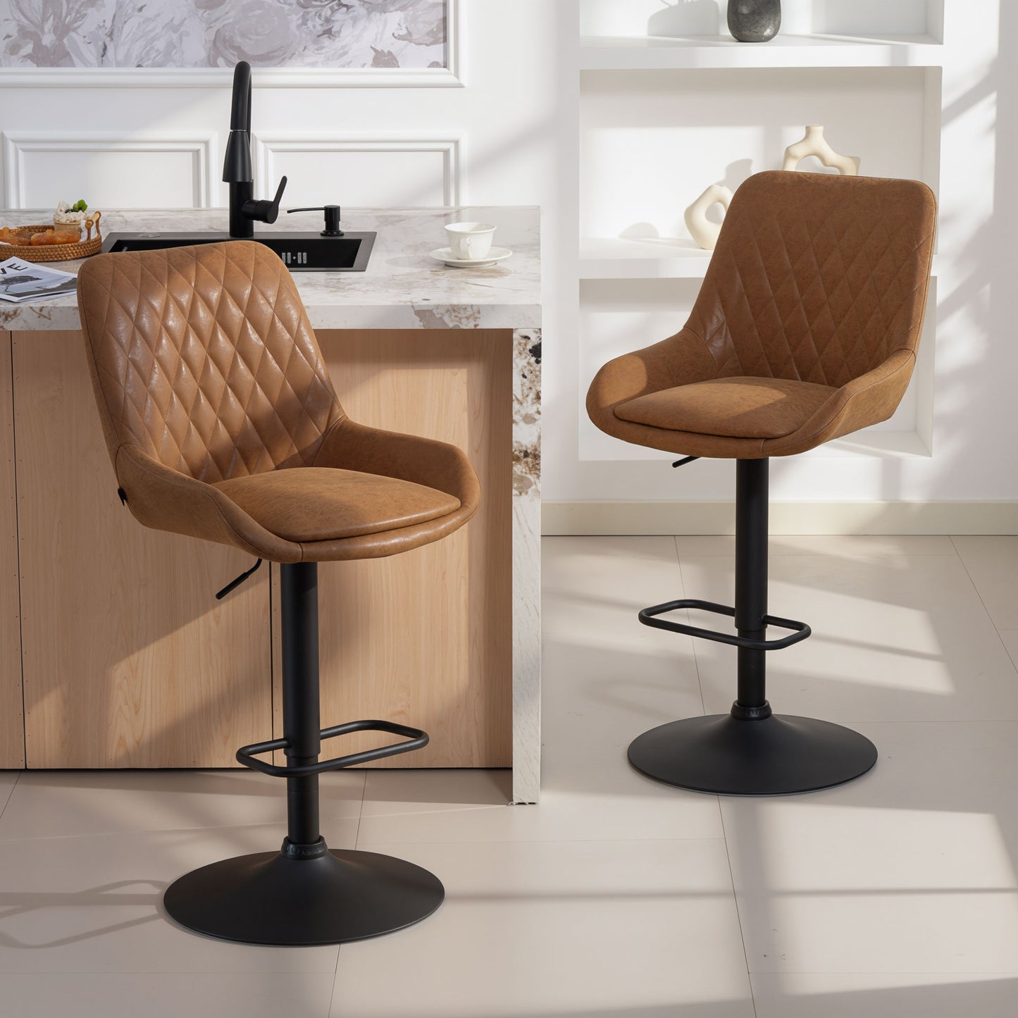 Elel Sake Set Of 2 Orange Faux Leather Retro Style Bar Stools
