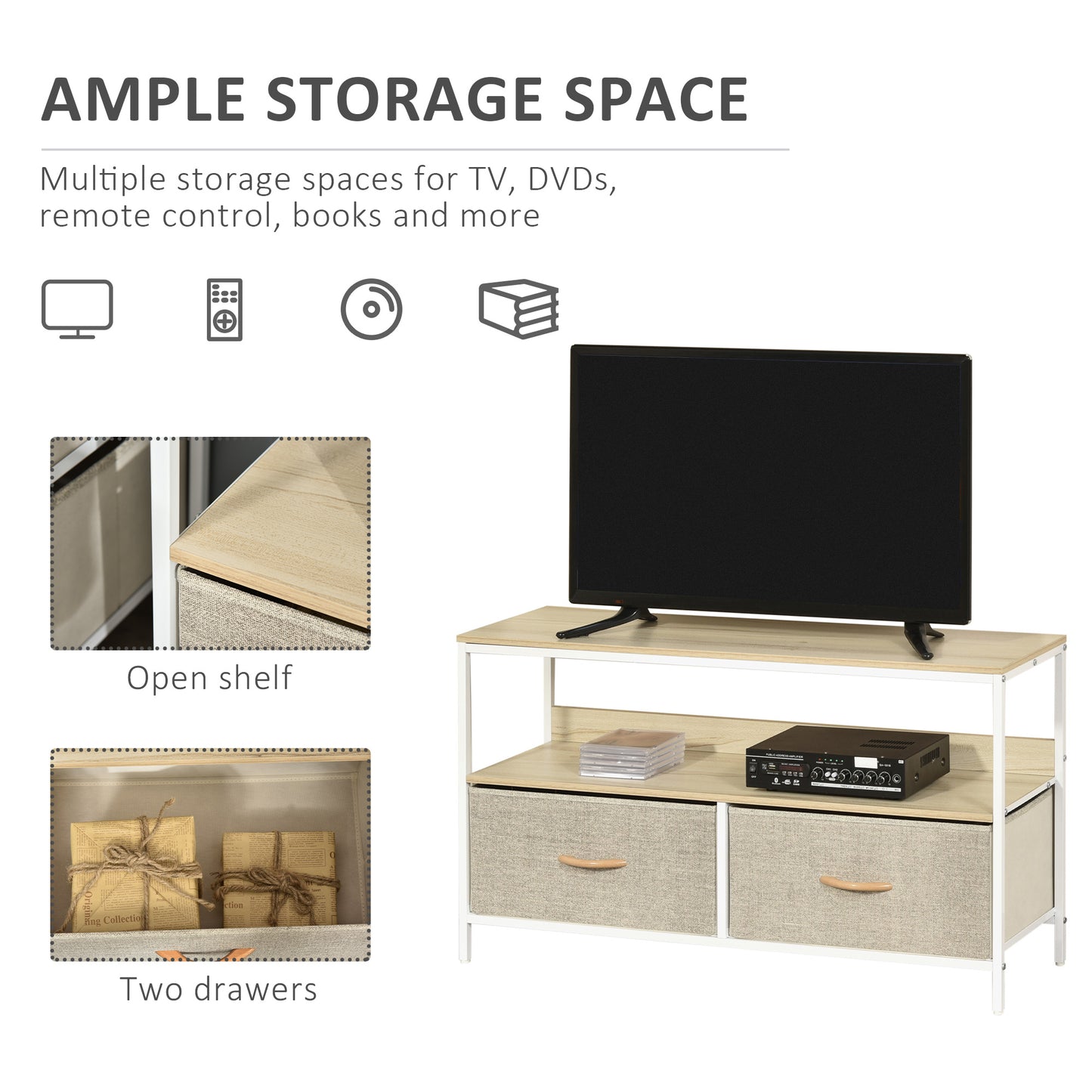 Rare Elha 98cm Wooden Natural TV Cabinet 2 Fabric Fold Down Storage Drawers