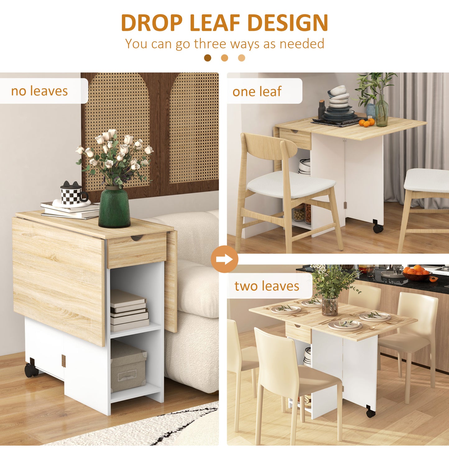 Coyova Wooden Oak Folding Drop Leaf Dining Table With Drawer And Storage Shelves
