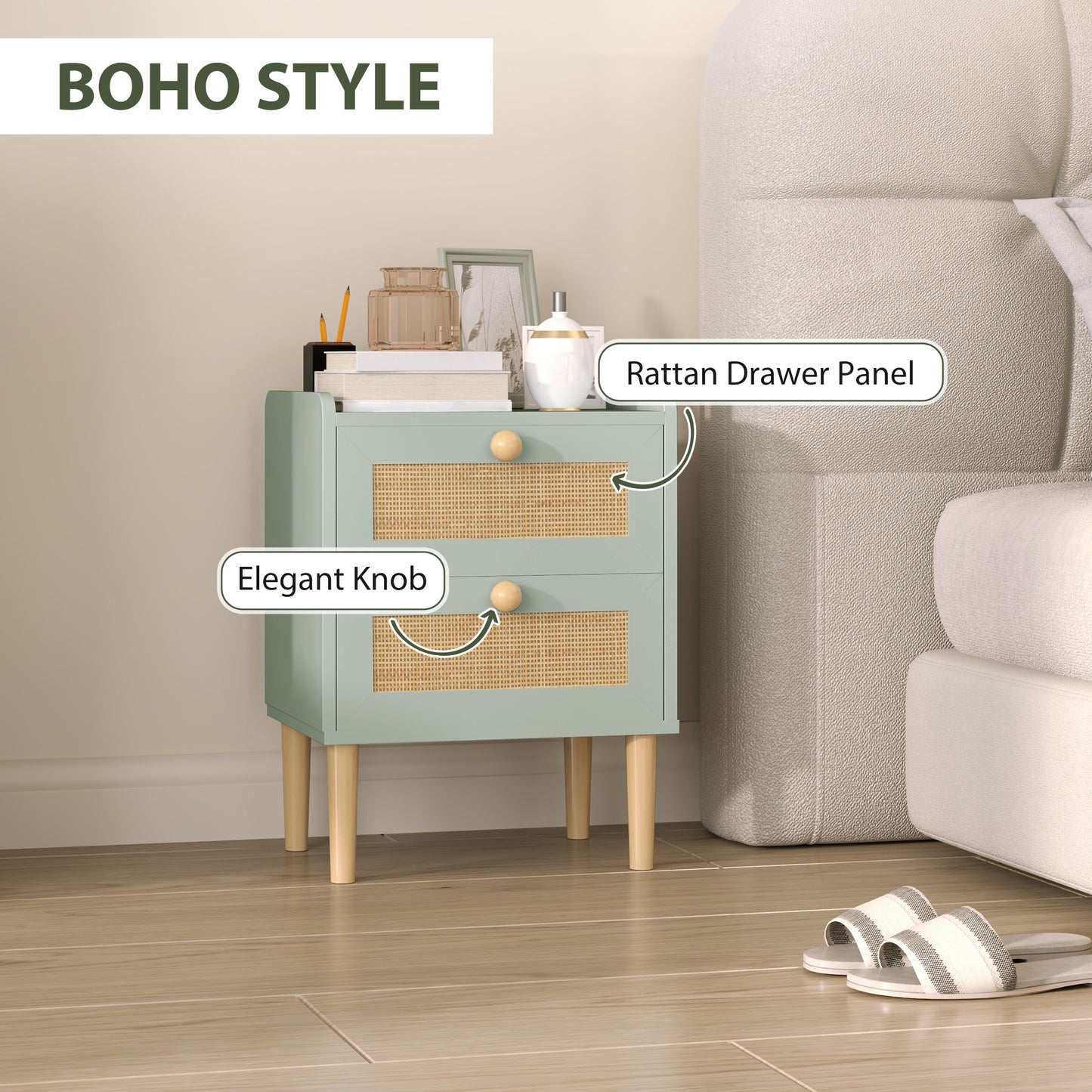 Reka Boho Olive Green Wood And Rattan 2 Drawer Bedside Table