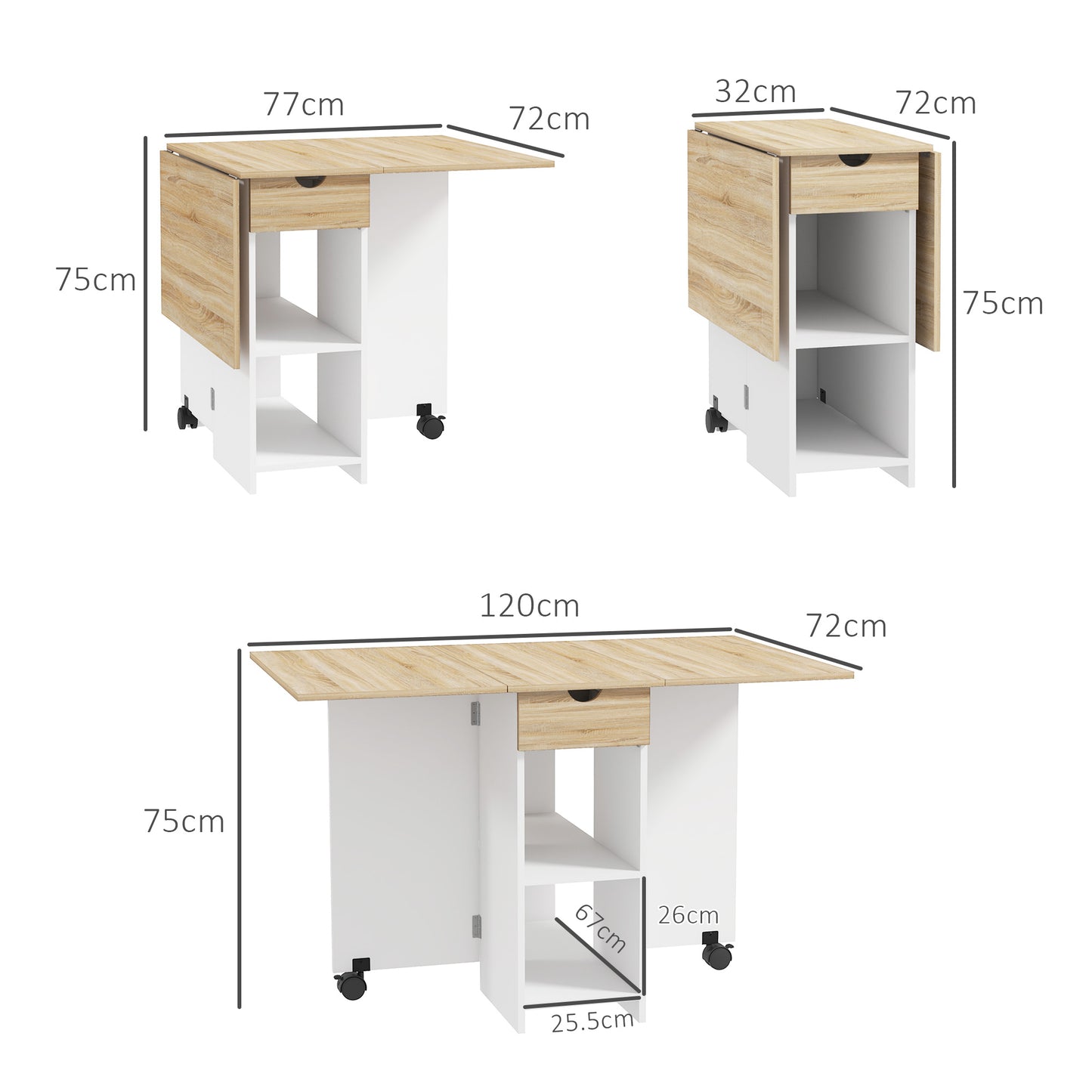 Coyova Wooden Oak Folding Drop Leaf Dining Table With Drawer And Storage Shelves