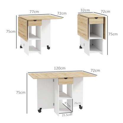 Coyova Wooden Oak Folding Drop Leaf Dining Table With Drawer And Storage Shelves