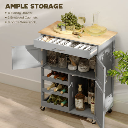 Lehari Grey Wooden Rolling Kitchen Island With Drawer Wine Rack Door Cabinets And Natural Wood Top