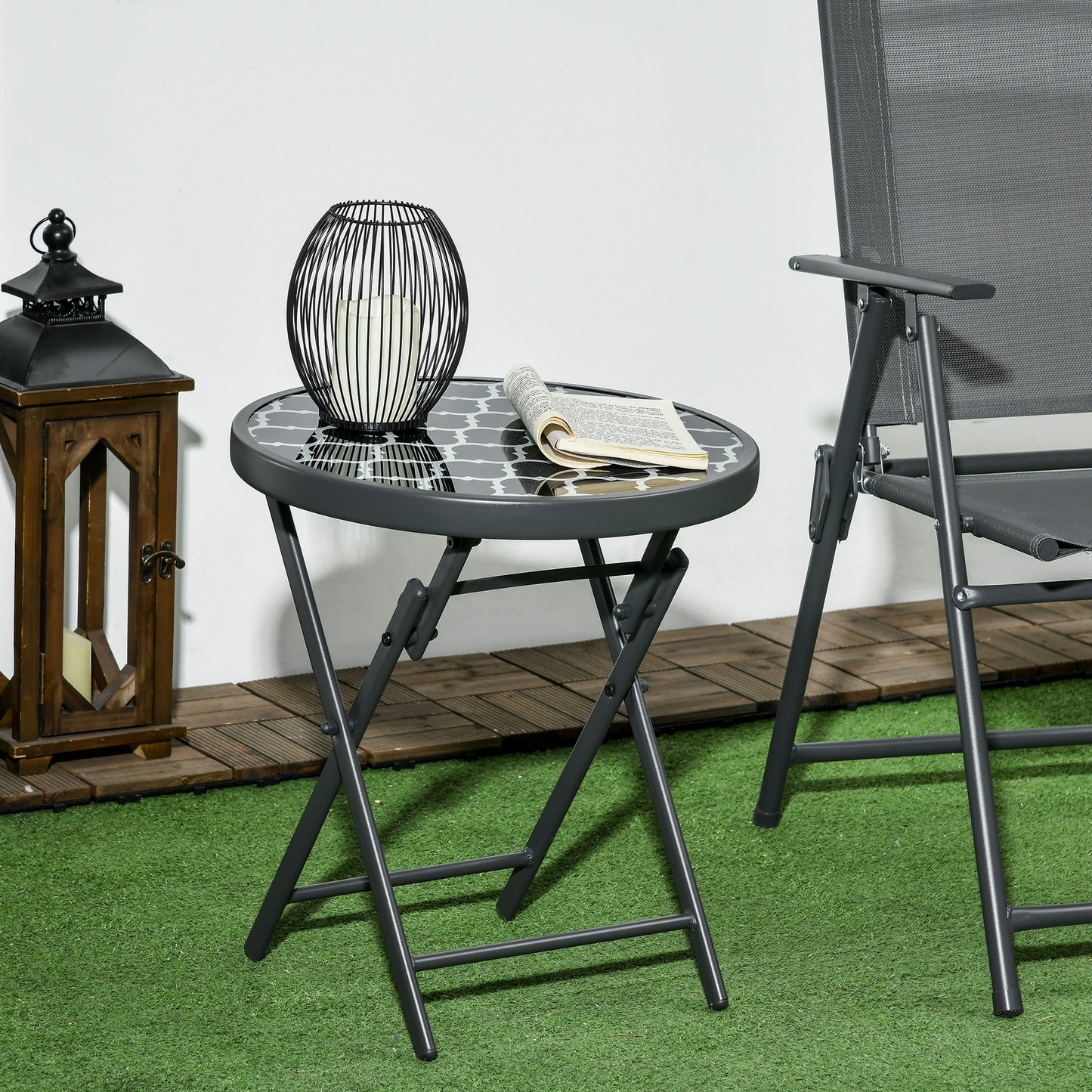 Mikale Metal And Glass Black And White Folding Outdoor Side Table 45cm With Marble Effect Top