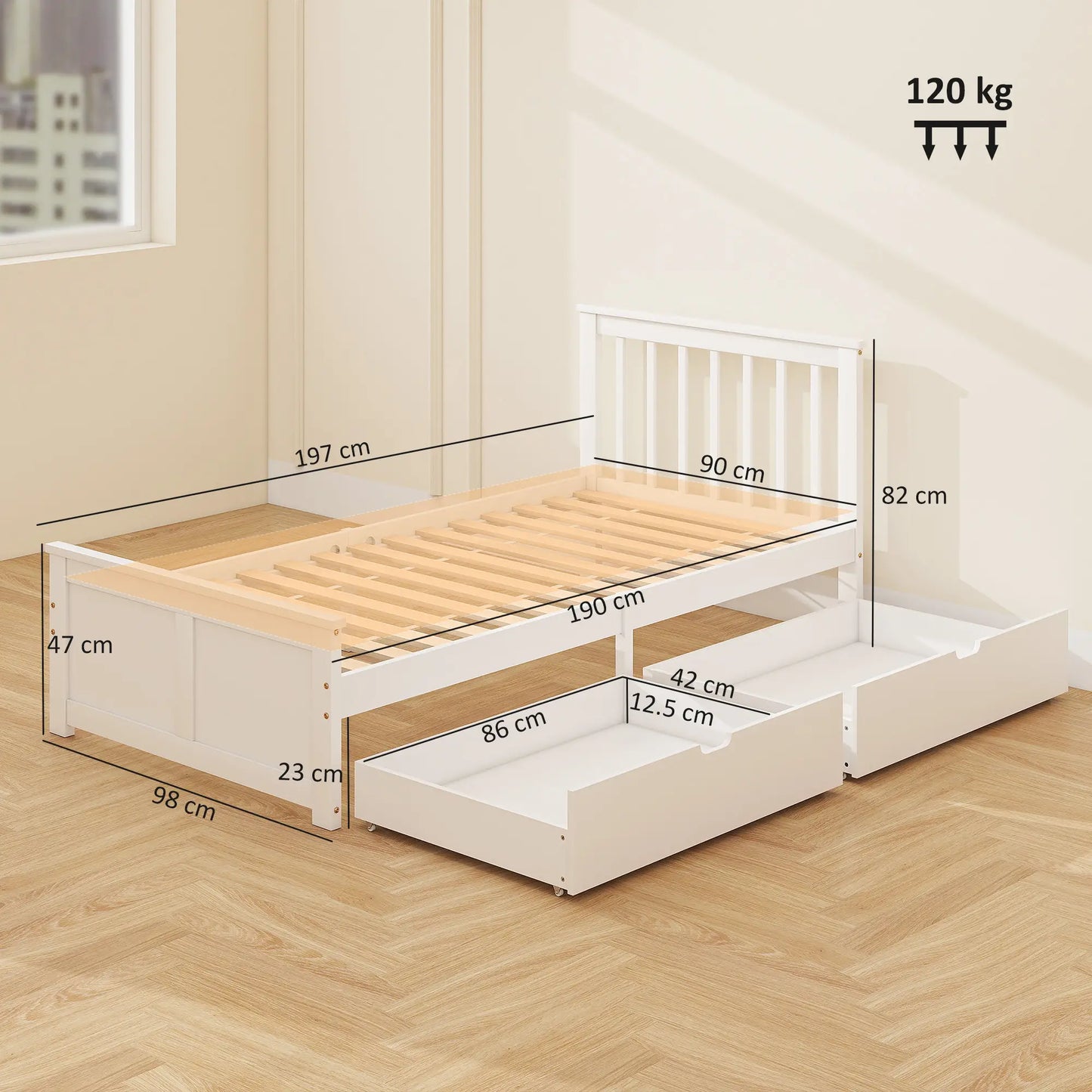 Sutton White Wooden Single Bed Frame 2 Integrated Storage Drawers