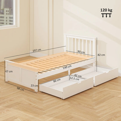 Sutton White Wooden Single Bed Frame 2 Integrated Storage Drawers