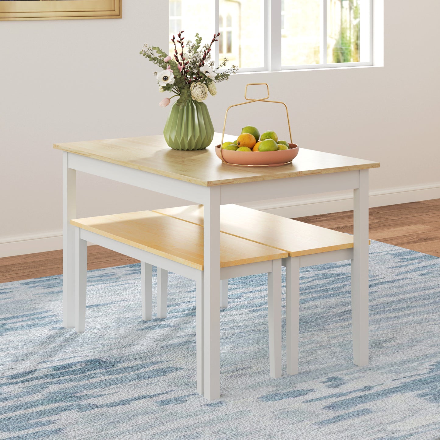 Nirosecco Solid Wood Natural And White Farmhouse Dining Table With Bench Set