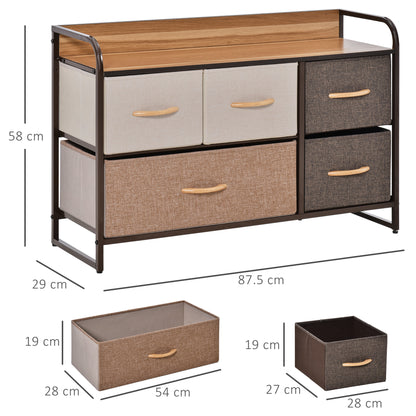 Zini Brown 5 Linen Drawers Dresser With Steel Frame And Wood Top