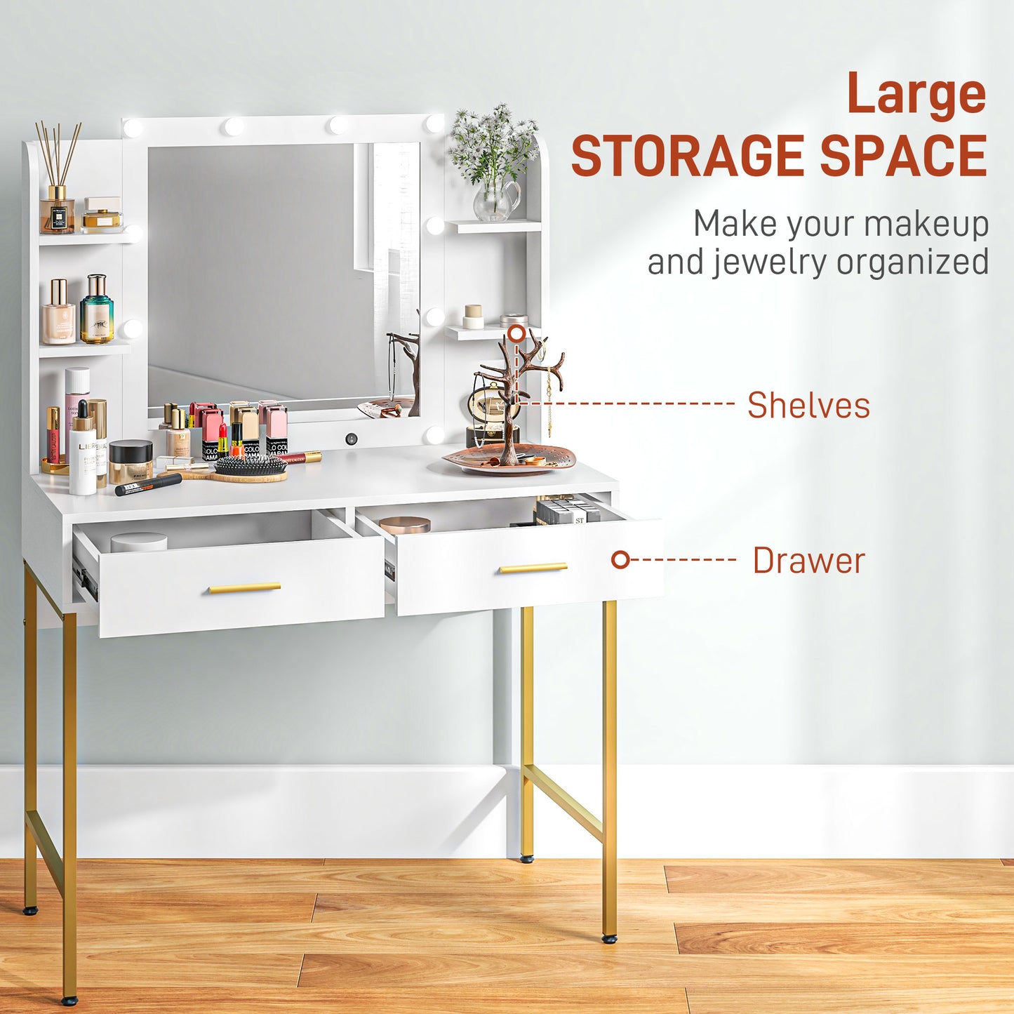 Doraro White LED Dressing Table With Lighted Mirror Cushioned Stool Drawers And Shelves