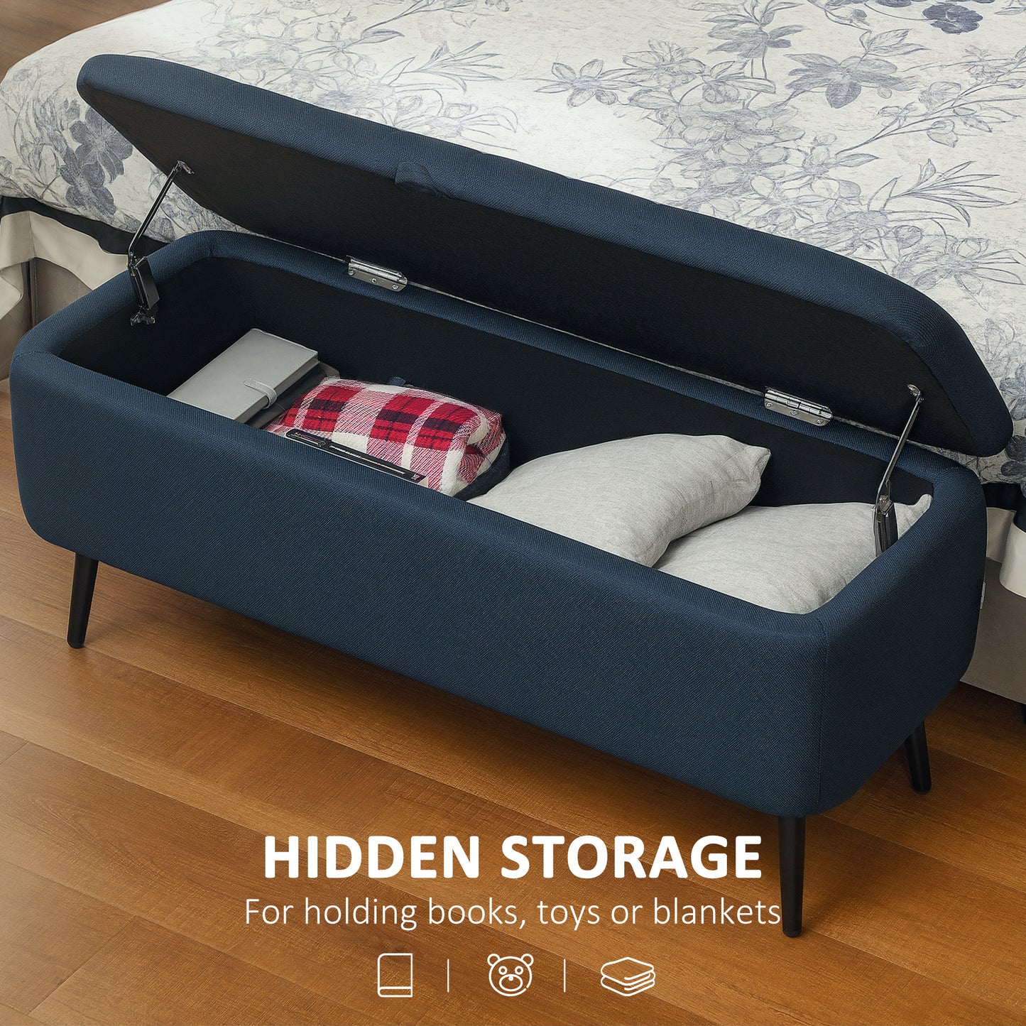 Sudina Linen Look Rectangle Dark Blue Storage Ottoman