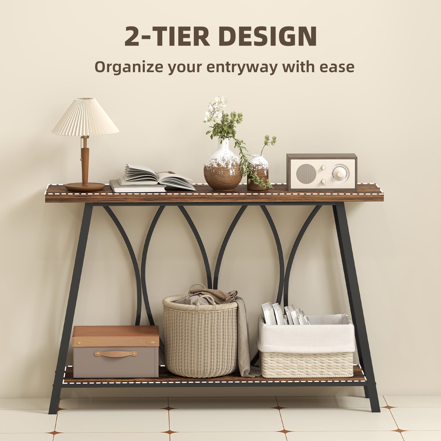 Raneve Metal And Wooden Rustic Brown 2 Tier Industrial Console Table 120 x 30 x 80 cm