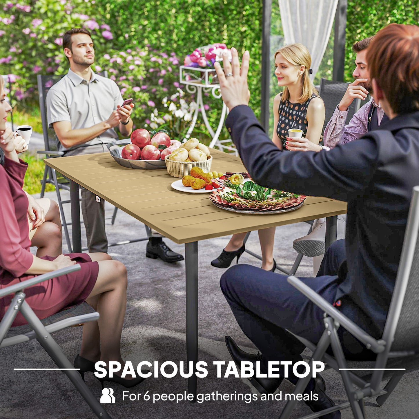 Safafa 150cm Metal Brown Rectangular Garden Dining Table With Slatted Top And Parasol Hole