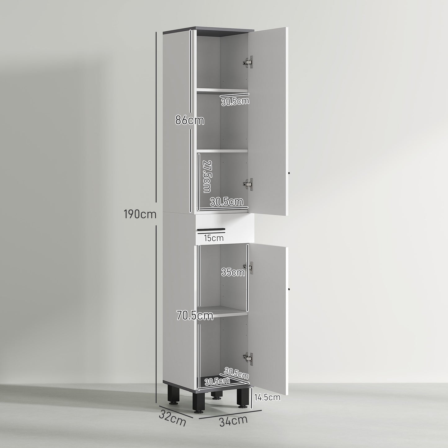 Mael Extra Tall Slim Bathroom Storage Cabinet In White 190cm