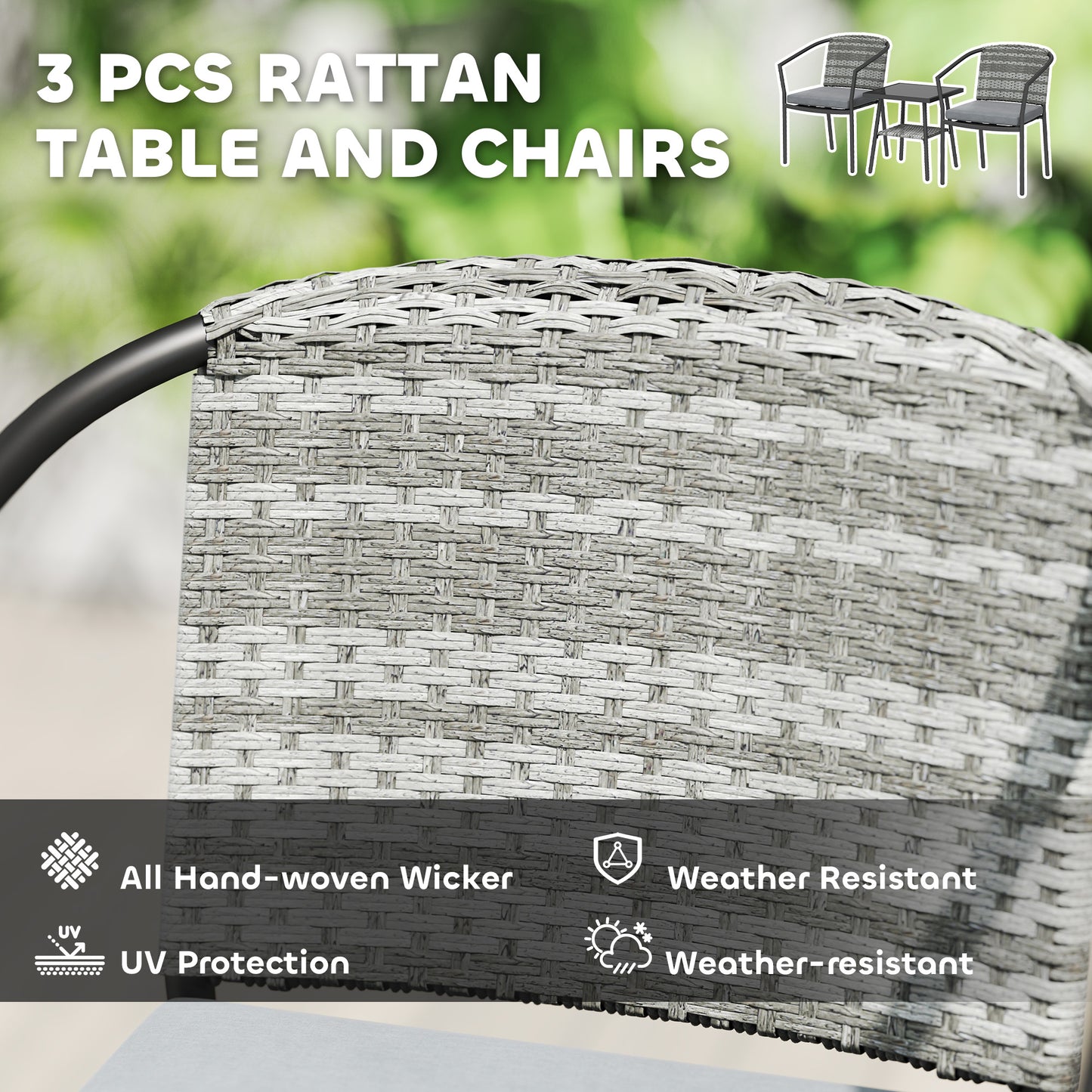 Midi Grey Rattan 3 Piece Bistro Set With Cushions And Glass Coffee Table