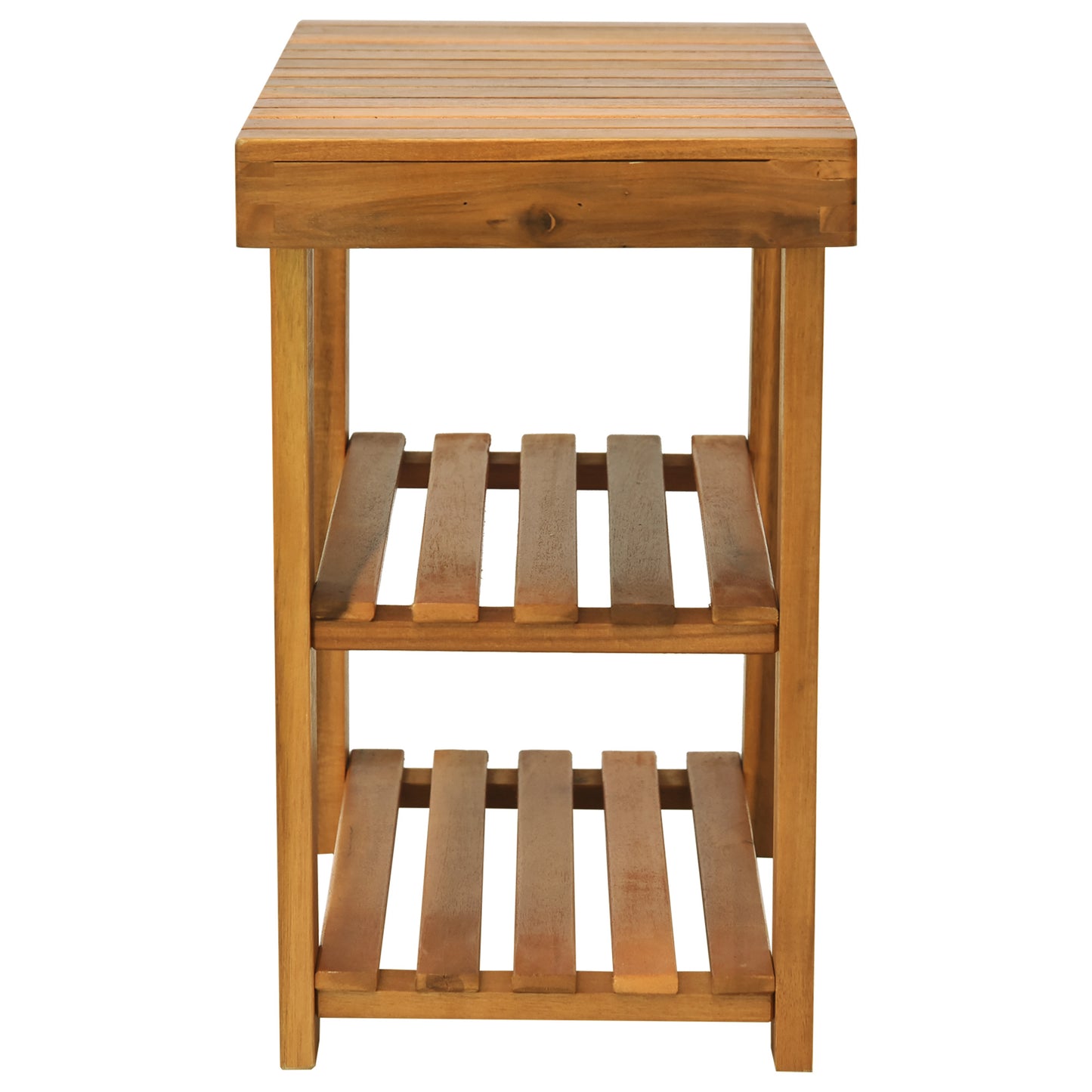 Elsari Acacia Wood Teak 3 Tier Shoe Bench With Slatted Shelves