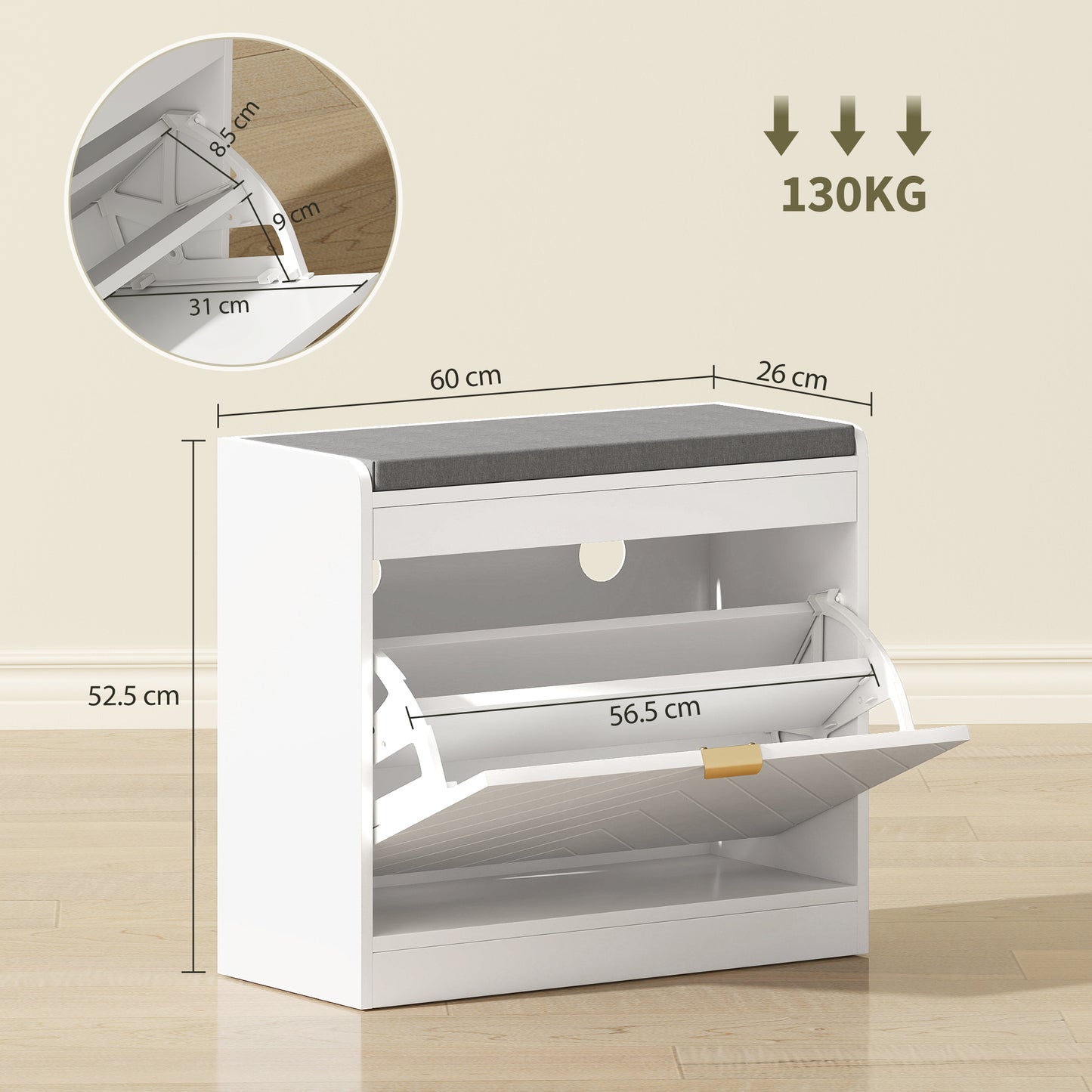 Baniri White Wood and Grey Upholstered Entryway Shoe Bench With Flip Drawer