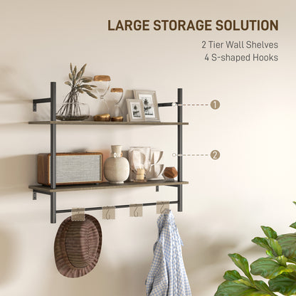 Vimoso Wood Grey Wall Mounted Floating Shelves With 4 Hooks For Entryway And Living Space