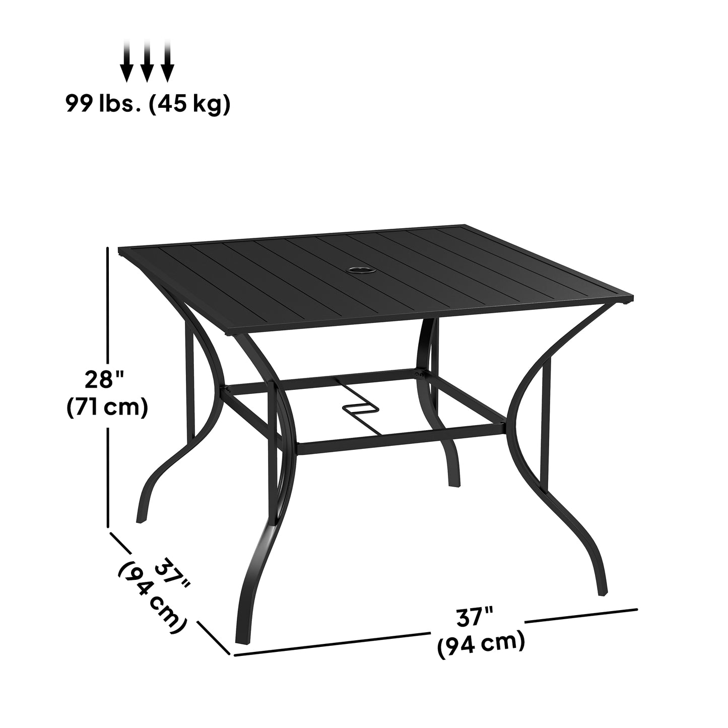 Hareni Steel Black Outdoor Garden Table With Slatted Top And Parasol Hole