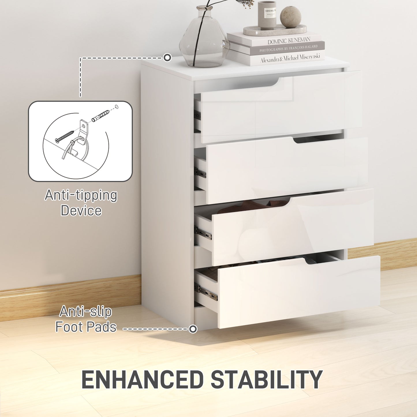Valudi High Gloss White 4 Drawer Chest With Gloss Front Panels