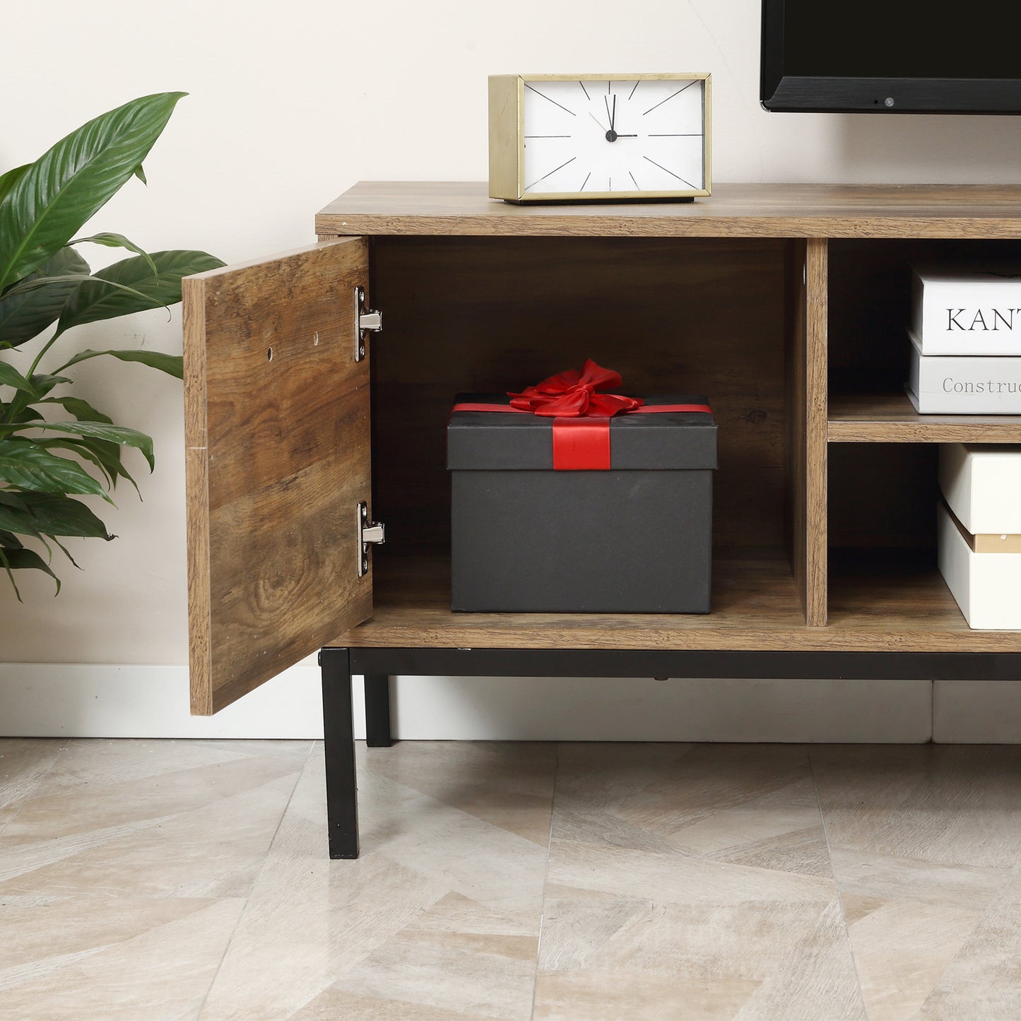 Sodori 132cm Metal And Wood Brown And Black Industrial TV Stand 2 Drawers 1 Door