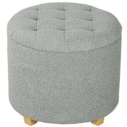 Valefi Teddy Fleece Light Grey Storage Ottoman Diamond Tufted Lid