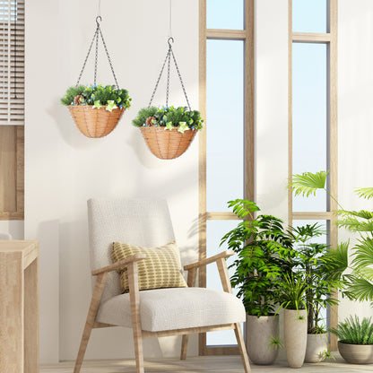 Kabane Set Of 2 Hanging Artificial Lisianthus Floral Baskets With Pinecone Detail Green