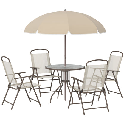Jattare 4 Seater Metal and Mesh Cream Garden Dining Set With Parasol Folding Chairs And Glass Table