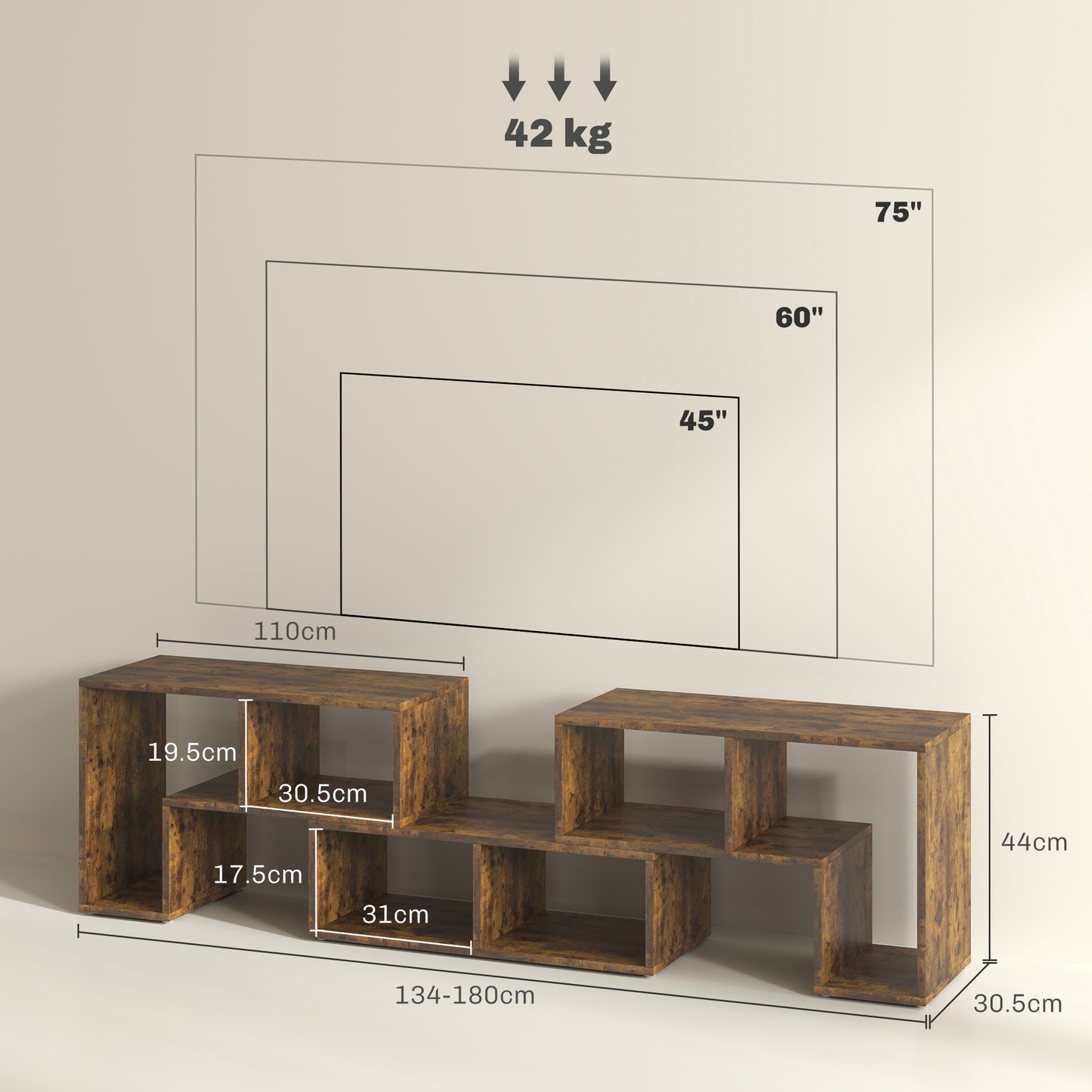 Paline Rase 130cm Wooden Rustic Brown 3 Block Modular TV Stand