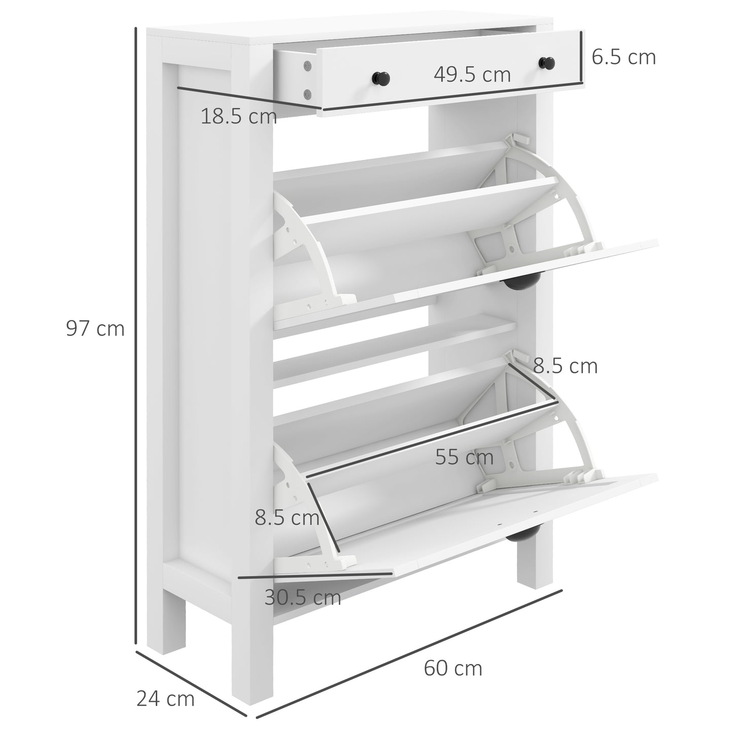 Sora Wooden White Slim Shoe Cabinet With 2 Flip Drawers