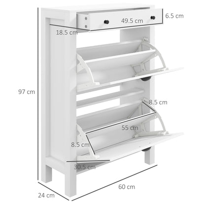Sora Wooden White Slim Shoe Cabinet With 2 Flip Drawers