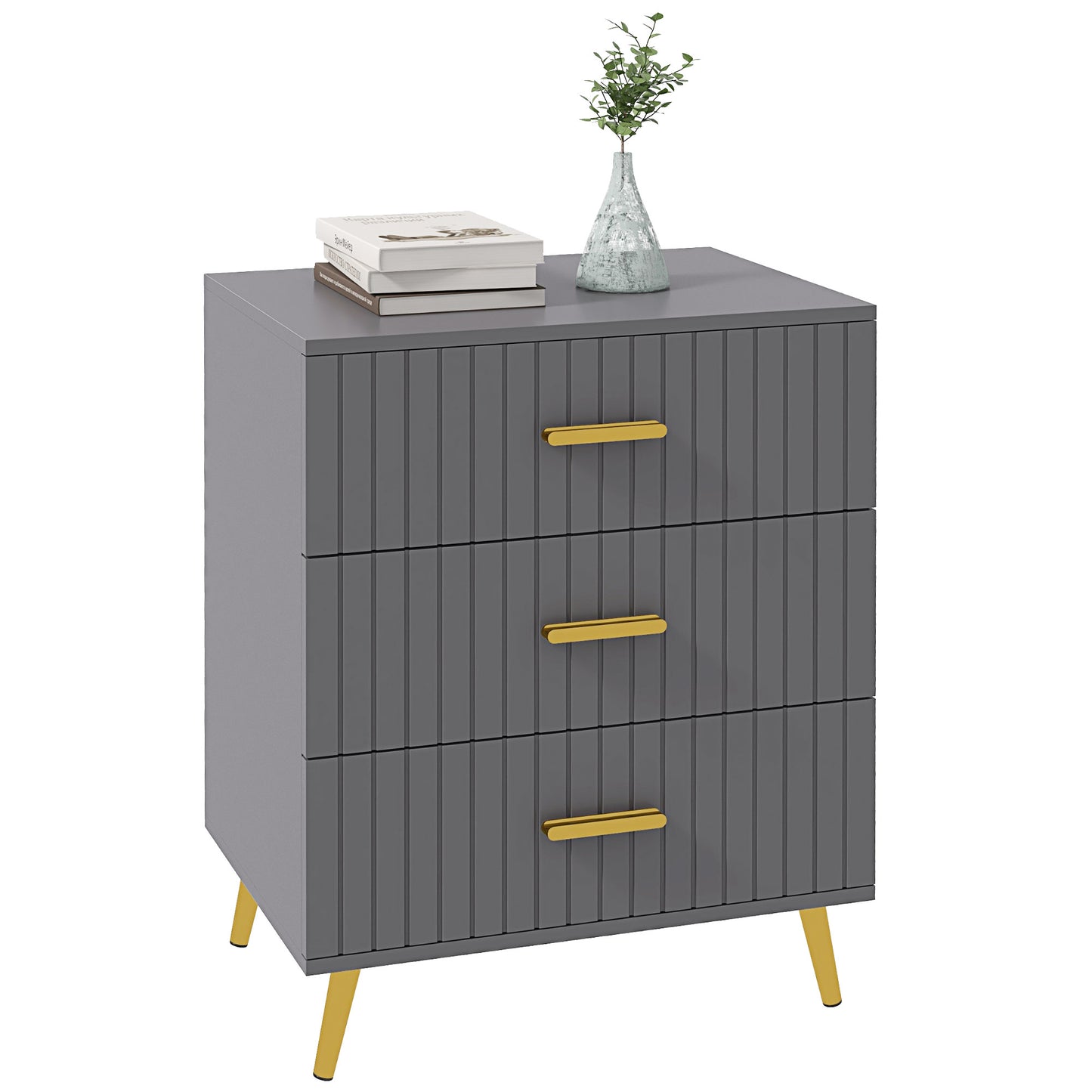 Momase Tall Wooden Grey And Gold Tone 3 Drawer Embossed Bedside Table